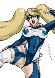 Rule 34 | 1990s (style), 1girl, absurdres, bad id, bad pixiv id, bare shoulders, big hair, blonde hair, blue eyes, breasts, capcom, cleavage, cleavage cutout, clothing cutout, frills, gesutoyu-za, heart, highres, kicking, knee pads, large breasts, leotard, lips, long hair, mask, open mouth, rainbow mika, shoulder cutout, solo, street fighter, street fighter zero (series), sweat, taut clothes, thick thighs, thighs, twintails, wrestling outfit