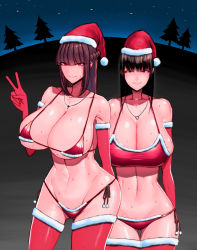 Rule 34 | 2girls, absurdres, bikini, black hair, braid, breasts, christmas, cleavage, gloves, gluteal fold, groin, hat, highres, jewelry, large breasts, long hair, looking at viewer, multiple girls, navel, necklace, original, red bikini, red eyes, red gloves, red legwear, santa hat, sweat, swimsuit, thigh gap, thighhighs, v, wolffeld price