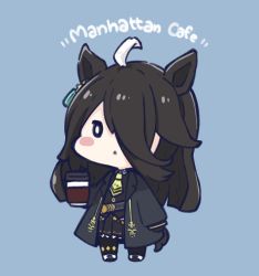Rule 34 | 0 0, 1girl, ahoge, animal ears, black hair, black jacket, black shirt, black skirt, blue background, blush stickers, character name, chibi, coffee cup, collared shirt, commentary, cup, disposable cup, full body, hair over one eye, holding, holding cup, horse ears, horse girl, horse tail, jacket, manhattan cafe (umamusume), multicolored hair, nozo (hitomiz), open clothes, open jacket, pantyhose, parted lips, pleated skirt, shirt, shoes, simple background, skirt, solo, standing, streaked hair, symbol-only commentary, tail, umamusume, white footwear, white hair