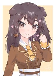 Rule 34 | 1girl, absurdres, animal ears, belt, brown eyes, brown hair, brown jacket, collared shirt, commentary, dog ears, dog girl, english commentary, highres, inukai purin, jacket, lucabassiart, military, military uniform, necktie, official alternate costume, shirt, short eyebrows, short necktie, smile, solo, tsunderia, uniform, upper body, virtual youtuber, white belt, white shirt, yellow necktie