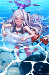 Rule 34 | 1girl, absurdres, afloat, ahoge, armpits, blue archive, blush, character doll, demon girl, demon horns, demon wings, forehead, hair ornament, hairclip, halo, highres, hina (blue archive), hina (swimsuit) (blue archive), horns, in water, innertube, long hair, looking at viewer, maki (blue archive), name tag, ocean, official alternate hairstyle, old school swimsuit, one side up, parted bangs, school swimsuit, sidelocks, sleeveless, solo, suppa (hagakuresuppa), sweatdrop, swim ring, swimming, swimsuit, translation request, wavy hair, wavy mouth, whistle, whistle around neck, wings