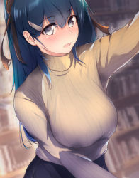 Rule 34 | 1girl, absurdres, black skirt, blue hair, blurry, blurry background, blush, book, bookshelf, breasts, commentary request, dermar, grey eyes, hair between eyes, hair ornament, hair ribbon, hairclip, highres, indoors, jaku-chara tomozaki-kun, large breasts, library, long hair, long sleeves, looking at viewer, nanami minami, open mouth, ponytail, revision, ribbed sweater, ribbon, signature, skirt, solo, sweater, turtleneck, turtleneck sweater, yellow sweater