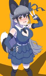 Rule 34 | 1girl, absurdres, alternate costume, animal ears, bare shoulders, black hair, black necktie, black thighhighs, blue gloves, blue shirt, blue skirt, blush, bow, cleavage cutout, clothing cutout, collared shirt, elbow gloves, embarrassed, extra ears, fang, fingerless gloves, fox ears, fox girl, fox tail, gloves, grey hair, hair between eyes, hair bow, highres, kemono friends, kumasyan1998, long hair, looking at viewer, microphone, necktie, orange eyes, pleated skirt, shirt, sidelocks, silver fox (kemono friends), skirt, solo, sweatdrop, tail, thighhighs, v, zettai ryouiki