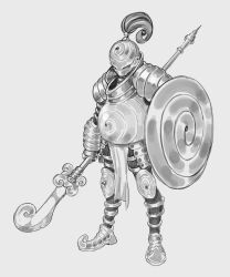 Rule 34 | 1other, ambiguous gender, armor, boots, breastplate, cheshirrr, full armor, full body, gauntlets, greyscale, halberd, helm, helmet, highres, holding, holding shield, holding weapon, knee spikes, monochrome, original, pauldrons, plume, pointy footwear, polearm, shield, shoulder armor, solo, weapon