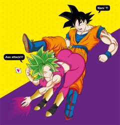 1boy 1girl ass ass_focus black_hair breasts buttjob buttjob_over_clothes covered_erect_nipples dragon_ball dragon_ball_super earrings full_body fusion green_hair hetero highres huge_ass jewelry kefla_(dragon_ball) large_breasts non-web_source potara_earrings potara_fusion son_goku source_request