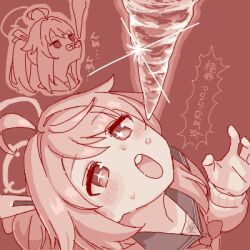 Rule 34 | + +, 1girl, afterimage, ahoge, blue archive, cropped shoulders, glint, half-closed eyes, halo, hand up, head back, icicle, licking, long sleeves, looking at object, looking up, lowres, maibotsumou, monochrome, multiple views, natsu (blue archive), neckerchief, oekaki, open mouth, red theme, school uniform, serafuku, side ponytail, simple background, tongue, tongue out, translation request, upper body, water drop