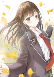 Rule 34 | 1girl, black jacket, blazer, blurry, blurry foreground, blush, brown hair, closed mouth, collared shirt, commentary request, falling leaves, floating hair, green eyes, green skirt, highres, jacket, leaf, long hair, long sleeves, looking at viewer, miniskirt, necktie, open clothes, open jacket, original, plaid, plaid skirt, pleated skirt, red necktie, school uniform, shirt, skirt, sleeves past wrists, smile, solo, ueno tomo, upper body, white shirt, wing collar