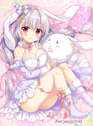 Rule 34 | 1girl, ameto yuki, animal ears, ankle socks, bare shoulders, blanc (ameto yuki), blush, breasts, cleavage, cover image, crescent, crescent hair ornament, detached collar, dress, floppy ears, frilled dress, frills, hair ornament, highres, large breasts, long hair, looking at viewer, low-tied long hair, original, rabbit ears, rabbit tail, red eyes, silver hair, sitting, socks, solo, strapless, strapless dress, tail, thigh strap, twintails