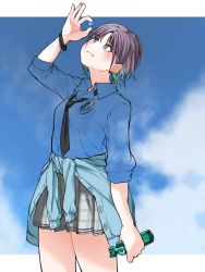 Rule 34 | 1girl, arm at side, arm up, asakura toru, beads, black necktie, blouse, blue cardigan, blue hair, blue shirt, blue sky, blush, bottle, bracelet, breast pocket, buttons, cardigan, cardigan around waist, closed mouth, clothes around waist, cloud, collared shirt, dobuvochan, earrings, gradient hair, holding, holding bottle, idolmaster, idolmaster shiny colors, jewelry, light purple hair, long sleeves, looking at object, looking up, loose necktie, miniskirt, multicolored hair, necktie, no nose, open collar, parted bangs, pen in pocket, plaid, plaid skirt, pleated skirt, pocket, ramune, school uniform, shirt, short hair, skirt, sky, solo, transparent, two-tone hair, unbuttoned
