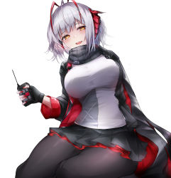 Rule 34 | 1girl, absurdres, ahoge, antennae, arknights, black pantyhose, black scarf, black skirt, breasts, demon horns, hasiki, highres, horns, jacket, large breasts, looking at viewer, nail polish, open mouth, pantyhose, red nails, scarf, shirt, short hair, simple background, sitting, skirt, solo, thighs, two-sided fabric, two-sided jacket, two-sided skirt, w (arknights), white background, white shirt, yellow eyes