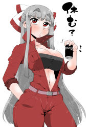 Rule 34 | 1girl, absurdres, bandeau, belt, black bandeau, blush, breast pocket, breasts, cleavage, collarbone, commentary request, contrapposto, cowboy shot, eyelashes, fujiwara no mokou, grey hair, hair spread out, half-closed eyes, half updo, hand in pocket, highres, holding, jumpsuit, large breasts, long hair, long sleeves, looking at viewer, midriff, narrow waist, navel, object request, open jumpsuit, pocket, raised eyebrows, red eyes, red jumpsuit, simple background, solo, takeu, taut bandeau, thick eyebrows, touhou, translation request, unzipped, very long hair, white background, wide hips