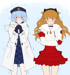 2girls alternate_costume animal_ear_hairband animal_ears ayanami_rei black_hairband blue_background blue_choker blue_dress blue_eyes blue_gloves blue_hair blue_hat blush cat_ear_hairband cat_ears choker commentary cropped_jacket dress english_commentary fake_animal_ears fur-trimmed_jacket fur_trim gloves gorgonz0laaa hairband hat highres jacket long_hair looking_at_viewer multiple_girls neon_genesis_evangelion open_clothes open_jacket plaid_clothes plaid_dress red_dress red_eyes red_gloves red_hair scarf short_hair souryuu_asuka_langley trembling v-shaped_eyebrows white_jacket white_scarf winter_clothes