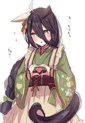 Rule 34 | 1girl, absurdres, ahoge, animal ears, black hair, ear covers, green kimono, hair between eyes, heart, heart hands, highres, horse ears, horse girl, japanese clothes, kimono, long bangs, long hair, long sleeves, looking to the side, maid, manhattan cafe (umamusume), manhattan cafe (verdant night) (umamusume), moe moe kyun!, multicolored hair, official alternate costume, official alternate hairstyle, sakura yoru, simple background, single ear cover, solo, umamusume, wa maid, white background, white hair, yellow eyes