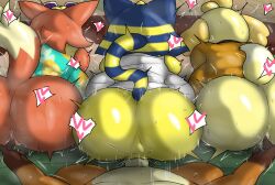 Rule 34 | 1boy, 3girls, ?, animal crossing, animal ears, ankha (animal crossing), ass, audie (animal crossing), blush, breasts, brown hair, bulge, cat, cat ears, cat girl, cat tail, clothed sex, clothes, cum, cum in pussy, doggystyle, enigi09, erection, erection under clothes, furry, furry female, furry with furry, heart, highres, huge breasts, interspecies, isabelle (animal crossing), large penis, multiple girls, nintendo, open mouth, penis, sex, sex from behind, short hair, speech bubble, tail, tom nook (animal crossing)