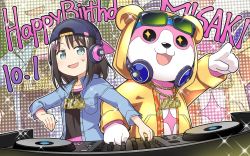 Rule 34 | 1girl, :3, :d, arm up, backwards hat, bang dream!, baseball cap, black hair, bling, blue eyes, blue jacket, blush, chain, chain necklace, commentary request, dj, eyewear on head, gold chain, gold necklace, hair ornament, hairclip, happy birthday, hat, headphones, highres, hood, hood up, hoodie, jacket, jewelry, long sleeves, looking at viewer, mascot, mascot costume, medium hair, michelle (bang dream!), necklace, okusawa misaki, open mouth, phonograph, pointing, smile, standing, stuffed animal, stuffed toy, sunglasses, sweatdrop, toto nemigi, turntable, upper body
