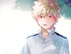 Rule 34 | 1boy, adcalcium, bakugou katsuki, blonde hair, blush, boku no hero academia, collared shirt, commentary request, looking at viewer, male focus, open mouth, red eyes, school uniform, shirt, short hair, signature, solo, spiked hair, u.a. school uniform, upper body, white background, white shirt