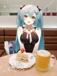 Rule 34 | 1girl, alcohol, alternate breast size, aqua eyes, bag, bare shoulders, beer, beer mug, black dress, blue hair, breasts, cake, cake slice, cup, dated, dress, food, hatsune miku, highres, jokanhiyou, long hair, looking at viewer, medium breasts, mug, photo (medium), photo background, plate, pov, signature, sitting, sleeveless, smile, solo, spoon, strawberry shortcake, twintails, very long hair, vocaloid