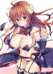 Rule 34 | 1girl, ahoge, belt, blush, boots, bow, bowtie, breasts, brown eyes, cameltoe, cleavage, closed mouth, commentary request, curled horns, demon girl, demon horns, demon tail, detached collar, detached sleeves, frills, garter straps, gradient background, grey background, hands up, heart, heart-shaped pupils, high heel boots, high heels, highres, horns, kurou (quadruple zero), large breasts, long hair, looking at viewer, machikado mazoku, navel, red bow, red bowtie, red hair, simple background, solo, sweat, symbol-shaped pupils, tail, thigh boots, thighhighs, wavy mouth, white background, yoshida yuuko (machikado mazoku)