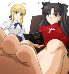 Rule 34 | artoria pendragon (all), artoria pendragon (fate), barefoot, black hair, black skirt, blonde hair, blouse, blue eyes, book, breasts, camerarius (artist), fate/stay night, fate (series), feet, foot focus, giant, giantess, green eyes, hair ribbon, holding, holding book, large breasts, long hair, mini person, miniboy, no shoes, open mouth, ribbon, saber (fate), shirt, skirt, soles, sweater, toes, tohsaka rin