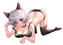 Rule 34 | 1girl, animal ear fluff, animal ears, ass, bare shoulders, black bra, black panties, black shorts, black thighhighs, blush, bra, breasts, butt crack, cat ears, choker, cleavage, collarbone, commentary, crop top, heart, heart-shaped pupils, highres, large breasts, looking at viewer, open mouth, original, panties, picter, red eyes, short hair, shorts, silver hair, solo, symbol-only commentary, symbol-shaped pupils, thighhighs, top-down bottom-up, underwear