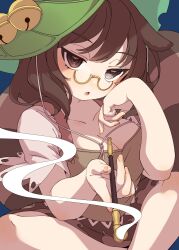 Rule 34 | 1girl, absurdres, bell, blush, breasts, brown eyes, brown hair, brown skirt, cleavage, collarbone, e sdss, futatsuiwa mamizou, glasses, highres, holding, holding smoking pipe, jingle bell, large breasts, looking at viewer, open mouth, round eyewear, short hair, short sleeves, skirt, smoking pipe, solo, touhou