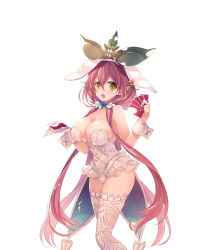 Rule 34 | 1girl, animal ears, bare shoulders, breasts, brown eyes, card, cleavage, fake animal ears, granblue fantasy, hair between eyes, hair ornament, highres, large breasts, leaf, leotard, long hair, looking at viewer, low twintails, mizuno sao, monster girl, navel, pink hair, plant girl, playboy bunny, pointy ears, rabbit ears, smile, solo, thighhighs, twintails, very long hair, yggdrasill (granblue fantasy)