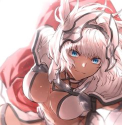 Rule 34 | blue eyes, body markings, breasts, caenis (fate), dark-skinned female, dark skin, fate/grand order, fate (series), from above, hair intakes, hairband, headpiece, large breasts, long hair, muscular, muscular female, sabamori, shoulder plates, smile, solo, tattoo, waist cape