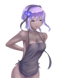 Rule 34 | 1girl, apron, breasts, cleavage, dark skin, dark-skinned female, fang, fate/grand order, fate (series), flower, hair flower, hair ornament, hairband, hassan of serenity (fate), highres, medium breasts, naked apron, open mouth, pleasure mussel, purple eyes, purple hair, short hair, simple background, solo, thighs, wavy mouth, white background