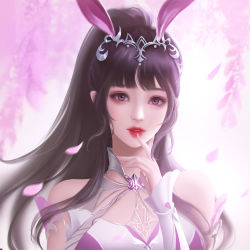 Rule 34 | 1girl, animal ears, bai yao you lian zhuye, brown hair, cherry blossoms, douluo dalu, dress, finger to mouth, hair ornament, highres, looking at viewer, pink dress, ponytail, rabbit ears, weibo watermark, white background, xiao wu (douluo dalu)