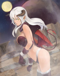 Rule 34 | 1girl, breasts, bustier, claws, cleavage, demon girl, demon tail, demon wings, full moon, fur, highres, horns, kuroko (piii), large breasts, lips, long hair, low wings, midriff, moon, navel, original, parted lips, pointy ears, slit pupils, solo, tail, thighhighs, white hair, wings, yellow eyes