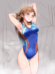 Rule 34 | 10s, 1girl, blush, breasts, brown eyes, brown hair, competition swimsuit, highres, idolmaster, idolmaster cinderella girls, idolmaster cinderella girls starlight stage, long hair, nekono matatabi, nitta minami, one-piece swimsuit, sketch, smile, solo, swimsuit
