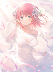 Rule 34 | 1girl, 6u (eternal land), blue eyes, blurry, blurry background, blush, breasts, cleavage, closed mouth, commentary request, depth of field, dress, go-toubun no hanayome, hair ribbon, hand up, long sleeves, medium breasts, nakano nino, off-shoulder dress, off shoulder, petals, red hair, ribbon, see-through, sleeves past wrists, smile, solo, two side up, white dress, white ribbon