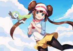 Rule 34 | 1girl, :d, absurdres, aqua eyes, baozi 9527, blush, bow, brown hair, chinese commentary, cloud, commentary request, creatures (company), day, double bun, doughnut hair bun, eyelashes, game freak, gen 5 pokemon, hair bun, hands up, highres, legendary pokemon, looking at viewer, meloetta, mythical pokemon, nintendo, open mouth, outdoors, own hands together, pantyhose, pink bow, pokemon, pokemon (creature), pokemon bw2, raglan sleeves, rosa (pokemon), short shorts, shorts, sky, smile, twintails, visor cap, white headwear, yellow shorts