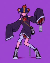 Rule 34 | 1girl, bandages, black dress, black footwear, bright pupils, chain, china dress, chinese clothes, dress, frilled dress, frills, full body, highres, holding, holding phone, jiangshi costume, looking at viewer, miyoshi yoshimi, ofuda, original, phone, purple background, purple eyes, shadow, shoes, simple background, sleeves past fingers, sleeves past wrists, solo, standing, very long sleeves, white pupils, wide sleeves