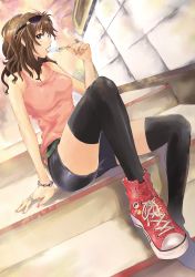 Rule 34 | 1girl, absurdres, blue eyes, brown hair, converse, highres, jewelry, onnmyou, original, popsicle, ring, shoes, short hair, shorts, sitting, sneakers, solo, sunglasses, tank top, thighhighs