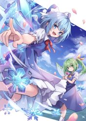 Rule 34 | 2girls, :d, absurdres, ascot, blue bow, blue dress, blue eyes, blue hair, blush, bow, bowtie, cirno, closed mouth, cloud, commentary, daiyousei, day, dress, dutch angle, fang, feet out of frame, flower, green eyes, green hair, hair bow, hair ribbon, highres, holding, holding flower, ice, ice wings, kure~pu, multiple girls, open mouth, petals, petticoat, puffy short sleeves, puffy sleeves, red bow, red bowtie, red ribbon, ribbon, short hair, short sleeves, side ponytail, sky, smile, snowflakes, touhou, v-shaped eyebrows, wings, yellow ascot, yellow ribbon