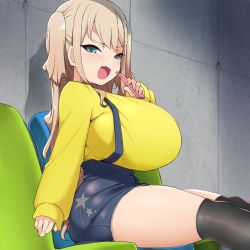 Rule 34 | 1girl, bebebe (pepegakii), black socks, blonde hair, breasts, commentary request, concrete, denim, denim shorts, fang, green eyes, highres, holding, holding phone, huge breasts, kneehighs, kousaka airi (bebebe), long hair, looking at viewer, looking to the side, mesugaki, oppai loli, original, phone, puffy sleeves, shorts, sidelocks, sitting, skin fang, socks, solo, suspender shorts, suspenders, sweater, train station, two side up, yellow sweater