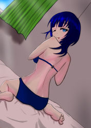 Rule 34 | 1girl, :p, ;), artist name, artist request, asaka karin, bare legs, bare shoulders, barefoot, bed, blue bra, blue eyes, blue hair, blue panties, blush, bra, breasts, curtains, dark blue hair, feet, feet out of frame, female focus, from behind, green curtains, indoors, looking at viewer, looking back, love live!, love live! nijigasaki high school idol club, medium breasts, on bed, one eye closed, panties, parted lips, short hair, sideboob, small breasts, smile, solo, tongue, tongue out, underwear, window