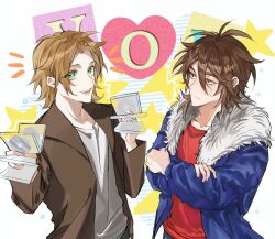 Rule 34 | 2boys, alternate eye color, blue jacket, brown eyes, brown hair, brown jacket, cd case, chinese commentary, closed mouth, commentary request, crossed arms, fur-trimmed jacket, fur trim, green eyes, hair between eyes, highres, holding, isoi reiji, jacket, light brown hair, long sleeves, male focus, medium hair, multiple boys, open clothes, open jacket, open mouth, parted bangs, qianyouyelan, red shirt, saibou shinkyoku, sanpaku, shinano eiji, shirt, short hair, smile, white shirt