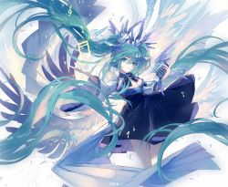 Rule 34 | 1girl, absurdly long hair, aqua hair, bad id, bad pixiv id, beamed semiquavers, black dress, blue dress, blue eyes, closed mouth, detached sleeves, dress, feathered wings, floating hair, hair between eyes, hair ornament, hands up, hatsune miku, holding, holding microphone, long hair, looking at viewer, lyodi, microphone, sidelocks, smile, solo, treble clef, twintails, very long hair, vocaloid, white wings, wide sleeves, wings
