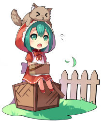 Rule 34 | &gt; &lt;, 1girl, animal, animal on head, basket, blush, chibi, closed eyes, green eyes, green hair, hatsune miku, lino-lin, open mouth, simple background, sitting, vocaloid, white background
