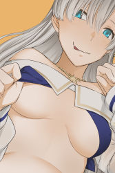 Rule 34 | 1girl, anastasia (fate), anastasia (swimsuit archer) (fate), areola slip, bikini, bikini top lift, blue bikini, blue eyes, blush, breasts, clothes lift, covered erect nipples, fate/grand order, fate (series), hair between eyes, highres, jewelry, large breasts, licking, licking lips, lifting own clothes, long hair, long sleeves, looking at viewer, midriff, naughty face, necklace, orange background, simple background, smile, swimsuit, tongue, tongue out, underboob, white hair