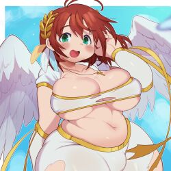Rule 34 | 1girl, ahoge, angel, angel wings, arm behind back, blue background, blush, border, breasts, brown hair, bulge, bursting breasts, collarbone, commentary request, commission, cross, cross necklace, feathered wings, feathers, gold belt, gold trim, green eyes, hair ornament, highres, jewelry, large breasts, latin cross, looking at viewer, medium hair, navel, necklace, open mouth, original, outside border, pants, plump, ribbon, sanjiro (tenshin anman), shirt, sierra (ramzyuu), skeb commission, skindentation, smile, solo, strapless, tareme, thick thighs, thighs, tight clothes, torn clothes, torn pants, torn shirt, tube top, undersized clothes, upper body, white border, white pants, white shirt, wide hips, wings