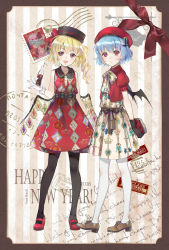 Rule 34 | 2018, 2girls, alternate costume, bare shoulders, bat wings, beret, black gloves, black legwear, blonde hair, blue hair, bottle, bow, bowtie, brown footwear, commentary request, dress, drinking straw, ekita kuro, flandre scarlet, gloves, happy new year, hat, hat bow, highres, looking at viewer, multiple girls, new year, open mouth, puffy short sleeves, puffy sleeves, red bow, red eyes, red footwear, red hat, red shirt, remilia scarlet, shirt, shoes, short hair, short sleeves, siblings, side ponytail, sisters, sleeveless, sleeveless dress, smile, stamp, standing, touhou, white gloves, white legwear, wings