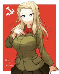 Rule 34 | 1girl, black skirt, blonde hair, blue eyes, clara (girls und panzer), closed mouth, commentary, cowboy shot, emblem, girls und panzer, green jacket, hand on own chest, highres, insignia, jacket, light smile, long hair, long sleeves, looking at viewer, miniskirt, one-hour drawing challenge, pleated skirt, pravda (emblem), pravda school uniform, red background, red shirt, school uniform, shio nizumu, shirt, skirt, solo, standing, turtleneck, twitter username