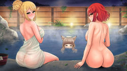 Rule 34 | 3girls, ass, backboob, bath, bathing, blonde hair, blush, breasts, female focus, highres, huge breasts, large breasts, looking at viewer, matching hair/eyes, multiple girls, mythra (xenoblade), nia (xenoblade), night, night sky, nude, onsen, pout, pyra (xenoblade), red eyes, red hair, short hair, sideboob, sitting, sky, smile, soaking feet, spoilers, steam, swept bangs, the only shoe, towel, tsundere, water, xenoblade chronicles (series), xenoblade chronicles 2, yellow eyes