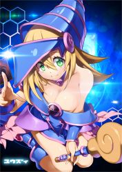 Rule 34 | 1girl, bare shoulders, blonde hair, blush stickers, breasts, choker, cleavage, collarbone, dark magician girl, duel monster, green eyes, hat, hexagram, jewelry, large breasts, long hair, necklace, pentacle, smile, solo, staff, star (symbol), wizard hat, yu-gi-oh!, yuu-gi-ou, yu-gi-oh! duel monsters, yuuzii
