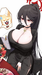 Rule 34 | 1girl, 1other, absurdres, black choker, black dress, black hair, black wings, blue archive, blush, breasts, chef hat, choker, cleavage, closed mouth, collarbone, dress, feathered wings, food, halo, hasumi (blue archive), hat, highres, huge breasts, long hair, long sleeves, mole, mole under eye, moya (02 ku), ponytail, red eyes, red halo, simple background, sweatdrop, very long hair, white background, wings