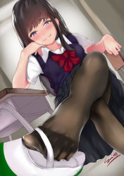 Rule 34 | 1girl, absurdres, blush, bow, brown hair, closed mouth, crossed legs, feet, highres, looking at viewer, original, pantyhose, purple eyes, red bow, school uniform, shoes, solo, sui (aa6281809), uniform, uwabaki