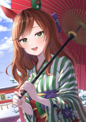 Rule 34 | 1girl, absurdres, animal ears, blurry, blurry background, blush, brown eyes, collarbone, commentary request, ear covers, fidgeting, hair ornament, heavy breathing, highres, holding, holding umbrella, horse ears, horse girl, japanese clothes, kimono, long hair, looking at viewer, medium hair, nice nature (converging wishes) (umamusume), nice nature (umamusume), official alternate costume, official alternate hairstyle, oil-paper umbrella, open mouth, outdoors, red hair, sayosayo-0, shrine, snow, solo, sparkle, torii, umamusume, umbrella